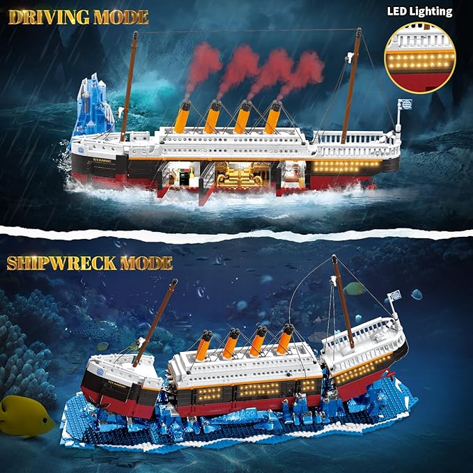 2 in 1 Titanic Building Set, Titanic Big Ship Model Building Kit with Lights Bricks and Glacier, Compatible with Lego for Adults Men, 1928 Pieces STEM Construction Toy for Kids Teens Boys Ages 8-14+