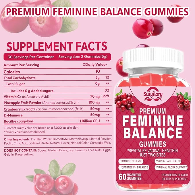 Suiyilary Feminine Probiotics Gummies, Vaginal Health & Women's pH Balance Gummy Supplement with Cranberry Pineapple Powder, Sugar Free Vegan, 60 Count (Cranberry)