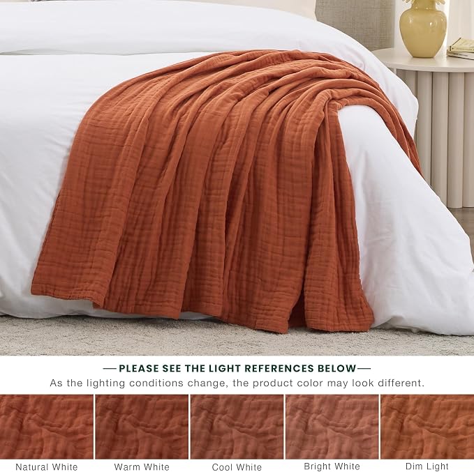 Love's cabin 100% Cotton Muslin Blanket, 6 Layer Lightweight Breathable Gauze Large Throw Blanket 50 x 70 Inches, Soft Cooling All Season Blanket for Couch or Sofa, Orange