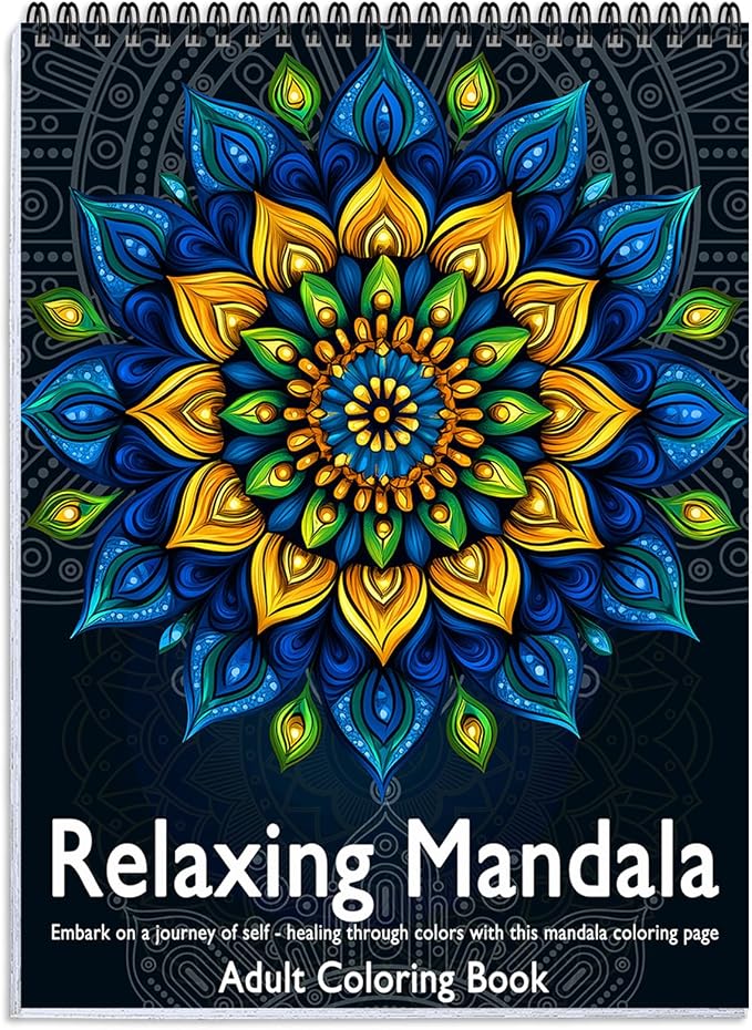 Mandala Coloring Book for Adults Relaxation, 24 Patterns Adult Coloring Books for Women Stress Relief, Inspirational Gift for Women & Men, Spiral Bound Mindfulness Coloring Book, Single-Sided Print