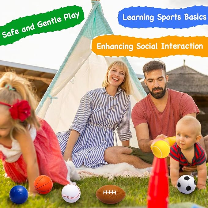 Urspasol Mini Sports Balls Set of 6 Foam Balls for Kids 3.5 inch Soft Ball for Toddlers 1-3 with Bag Includes Soccer, Basketball, Football, Baseball,Tennis and Volleyballs- Throwing Toys for Babies