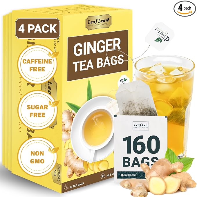 LeafLea Ginger Tea Bags, Strong Ginger Herbal Tea, 160 Count Bulk | Spicy Single-Ingredient Brew, Individually Foil-Wrapped, Best-Value Stock-Up, Supports Digestion, Caffeine-Free