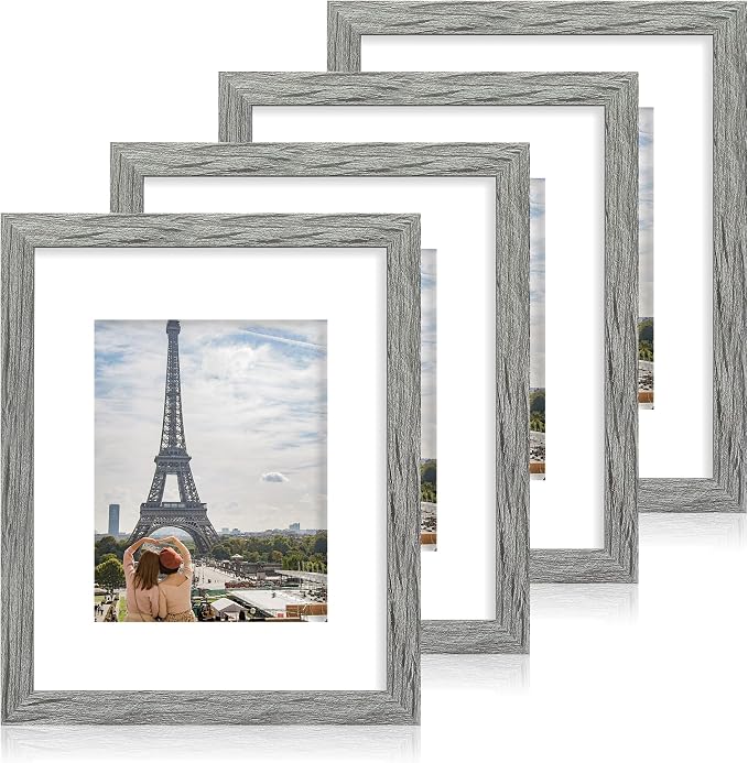 Hongkee 11x14 Picture Frame Set of 4, Made of Real Glass and Grey Wooden Frame, Display 8x10 Pictures with Mat or 11 x 14 Posters without Mat for Wall Mounting, Gallery Photo Frames
