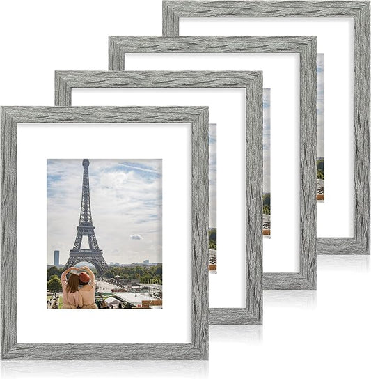 Hongkee 11x14 Picture Frame Set of 4, Made of Real Glass and Grey Wooden Frame, Display 8x10 Pictures with Mat or 11 x 14 Posters without Mat for Wall Mounting, Gallery Photo Frames