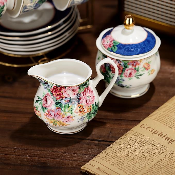 fanquare 21-Piece Blue Lace Porcelain Tea Set, China Coffee Cup and Saucer Set for 6, Pink Flower Tea Sets for Adults Women