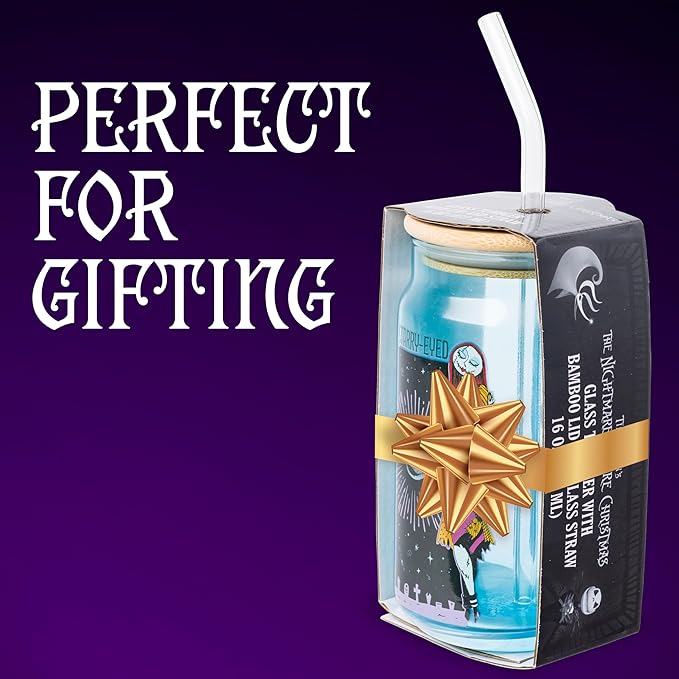 Silver Buffalo Disney Nightmare Before Christmas Starry-Eyed Featuring Jack Skellington and Sally Blue Glass Jar Tumbler with Bamboo Lid and Glass Straw, 16 Ounces