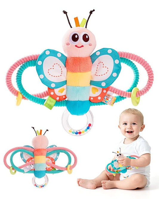Jollybaby Soft Baby Rattles & Plush Rings Toy for Newborn 0-3-6-12 Months, Sensory Developmental Hand Teether Toys for Infant 0-2-4-7-8-9 Months, Baby Shower & Birthday Gifts - Butterfly