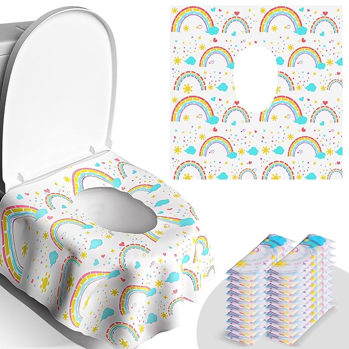 20 Pack Disposable Toilet Seat Covers - Extra Large, Waterproof - Toddler Potty Training, Portable Potty Covers for Kids & Adults, Kids Travel Essentials for Airplane, Trip (Rainbow)