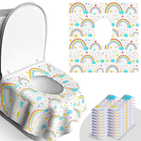 20 Pack Disposable Toilet Seat Covers - Extra Large, Waterproof - Toddler Potty Training, Portable Potty Covers for Kids & Adults, Kids Travel Essentials for Airplane, Trip (Rainbow)