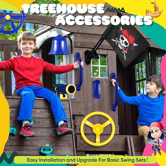 Foilswirl Swing Set Accessories Outdoor Playground Accessories Backyard Playground Equipment with Telephone, Ship Wheel, Telescope, Bell, Safety Handle Bars, Pirate Flag for Playhouse (Blue, Yellow)