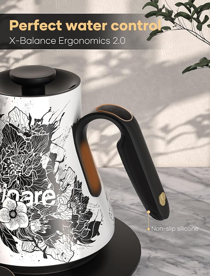 Cocinare Gooseneck Electric Kettle, ±0.5°F Precise Temperature Control, 1500W Fast Heating, Pour-Over Coffee & Tea, Stainless Steel, 0.9L (Artisan Blossom Design)