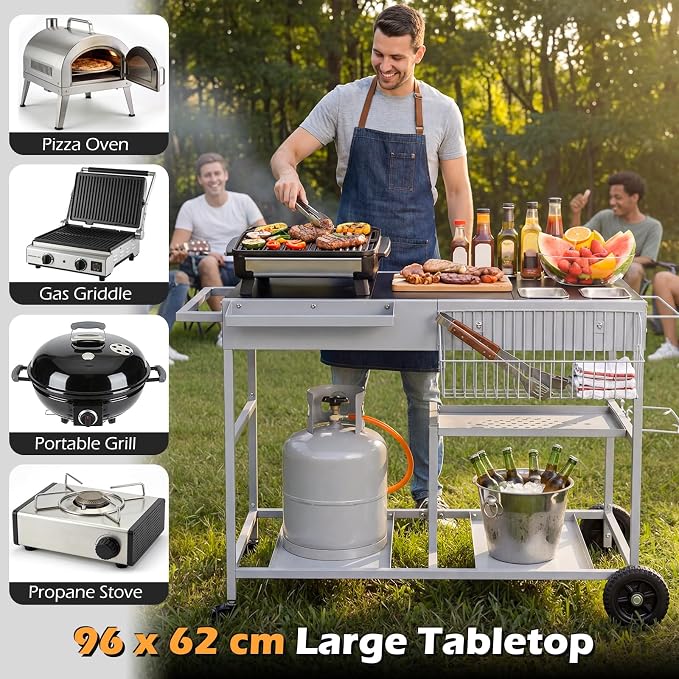 HAPPYGRILL Outdoor Grill Cart with Lockable Wheels & Garbage Bag Holder | Movable BBQ Pizza Oven Stand with Removable Hooks, Portable Cooking Prep Table for BBQ Party