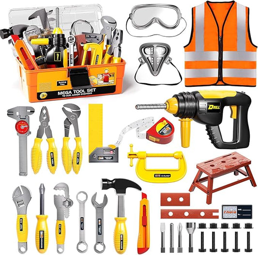 Deejoy Kids Tool Set with Electronic Toy Drill & Construction Vest - Pretend Play Toys for 3 4 5 6 Year Old Boys, ABS Plastic Repair Toolkit with Large Storage Box(Orange)