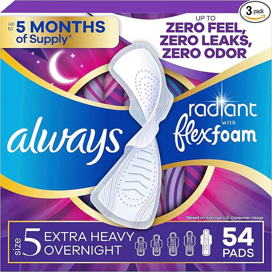 Always Radiant Feminine Pads for Women, Flexfoam Pads with Wings, Size 5, Extra Heavy Overnight Absorbency, Lightly Scented, 54 Count (3 Packs of 18)