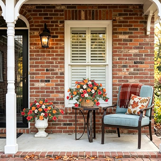 Ammyoo Artificial Fall Flowers Fake Petunias Plants for Outdoor Decoration | 2 Pcs UV Resistant Faux Silk Flowers No Fade Floral for Garden Balcony Yard Porch Realistic Indoor Decor (Orange White)