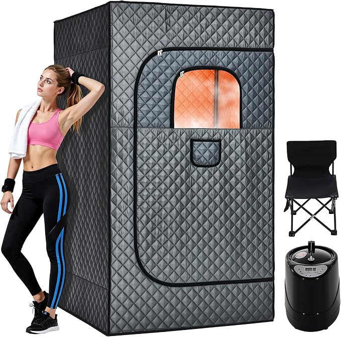 Albott Extra-Large Portable Steam Sauna Box for Home, 39.4"x39.4"x70.9" Full Body Sauna Tent with 3L 1500W Steamer, Remote Control & Folding Chair, Grey