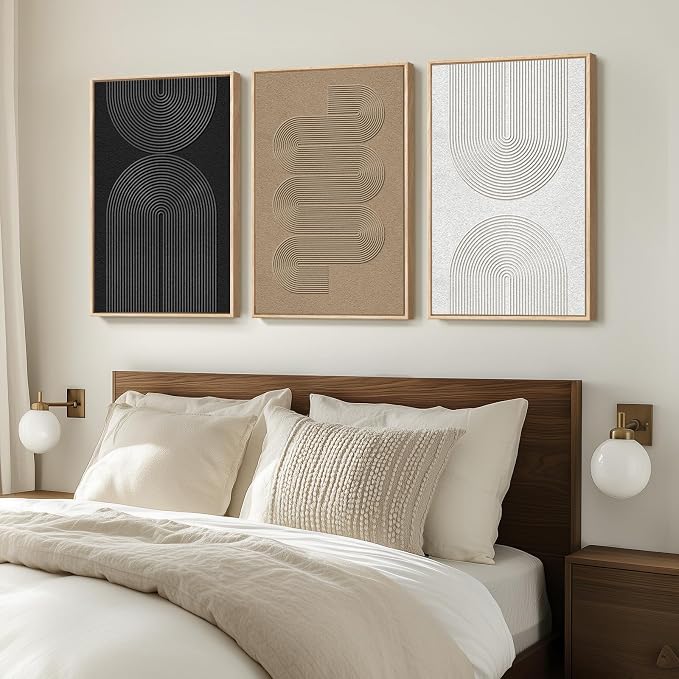 Large Framed Boho Modern Neutral Abstract Wall Art for Living Room, 3 Piece Black and White Canvas Prints Paintings Artwork for Walls, Geometric Pictures for Office Bedroom Dining Room Decor, 24x36 In