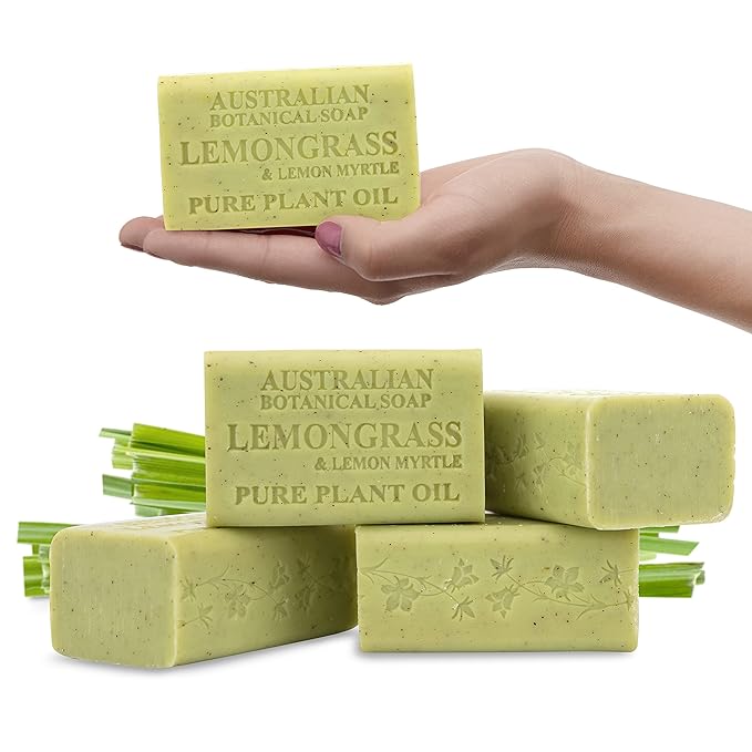 Australian Botanical Soap Lemongrass & Lemon Myrtle – Triple Milled 6.6 oz Bar Soap with Shea Butter, Face Hand & Body Soap Bars, Pack of 4