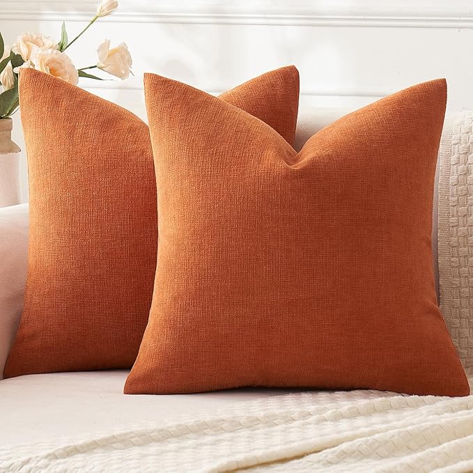 MIULEE Halloween Fall Burnt Orange Chenille Couch Pillow Covers, 18x18 | Set of 2, Soft Farmhouse Modern Home Decor, Decorative Pillowcases for Sofa Living Room Bed