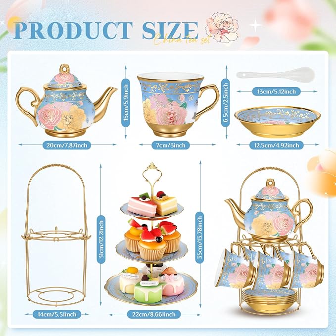 21 Pcs Ceramic Teapot Set Vintage Porcelain Tea Cups with Metal Holder and High Tier Cupcake Stand Saucers for Women Girls Farmhouse European Weddings Party Decor Gifts(Blue,Elegant)