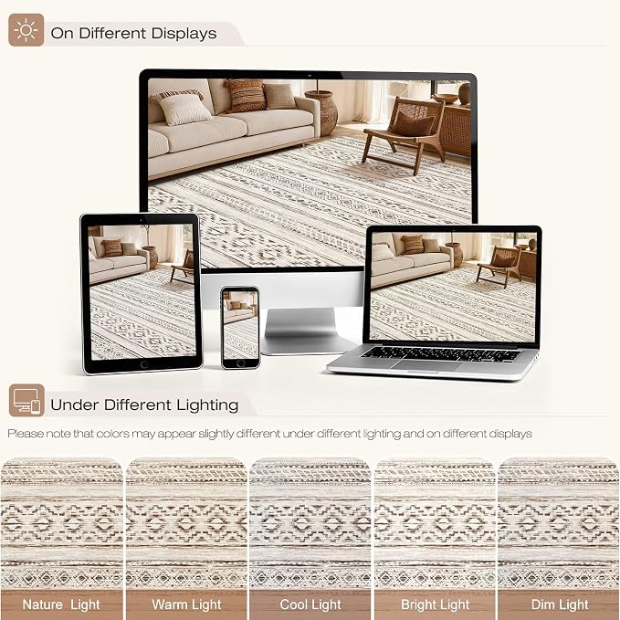 cotiled 5x7 Area Rugs Living Room Rug: Washable Boho Rugs with Non Slip Backing Large Soft Indoor Stain Resistant Carpet for Bedroom Farmhouse Dining Room Lightweight Home Decor Cream Brown