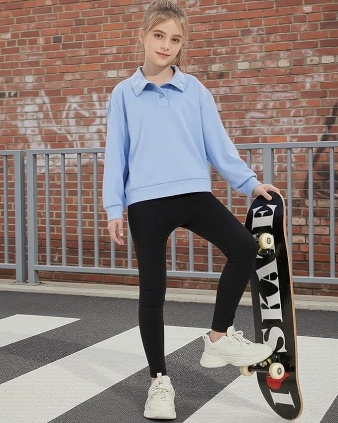 Girls Long Sleeve Collared Shirt Button Down Mock Neck Sweatshirt Athletic Cycling Clothing for Kids 5-14Years