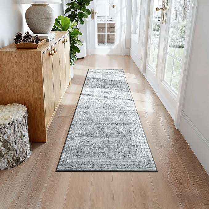 Lofus 2X6 Area Rugs for Hallways, Grey Washable Non-Slip Kitchen Runner Rug | Low Pile Runner Rugs, Soft Carpet for Kitchen Bathroom Bedroom Laundry, Stain Resistant, Low Pile, Vintage Distressed Rug