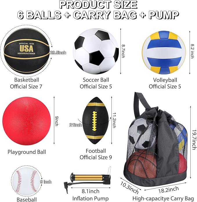 Libima 6 Pcs Multi Sport Ball Set Gift Official Size Football, Basketball, Soccer, Volleyball, Playground Ball, Baseball with Outdoor Sports Equipment Bag Pump for Christmas Holiday