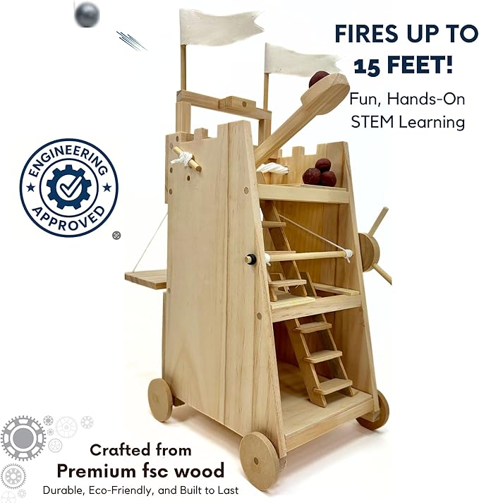 PATHFINDERS STEM Kit – Medieval Siege Tower with Catapult | Wooden Building Kit for Kids Ages 12-14 | Engineering & Physics Toy | Hands-On STEM Project