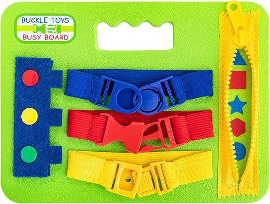 Buckle Toys Mini Busy Board - Montessori Learning Toy for Toddlers Great Kids Airplane Activies - Foam Sensory Board - Develop Fine Motor Skills - Green
