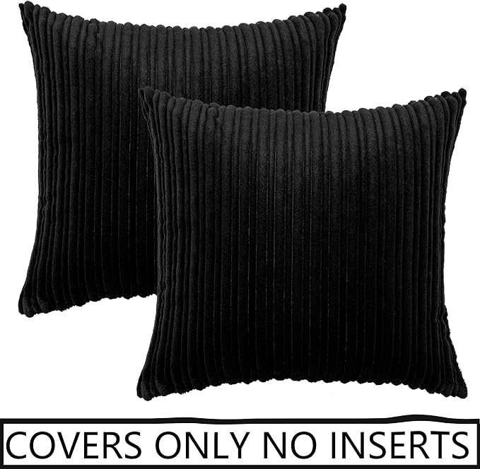 UGASA Striped Textured Velvet Corduroy Pillow Covers Decorative Sham Throw Pillow Cushion Cover for Couch, 2 Pcs, (50x50cm, 20inch), Black