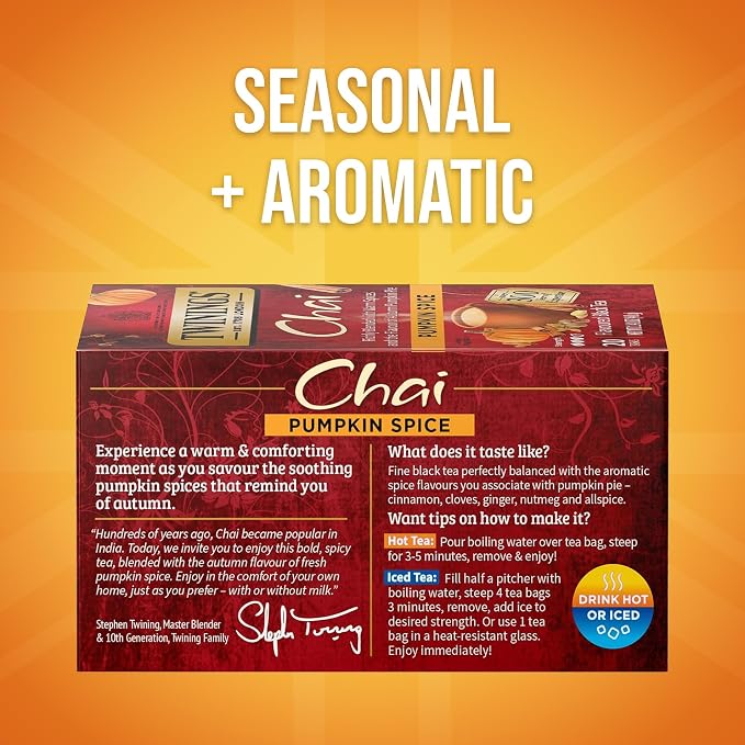 Twinings Pumpkin Spice Chai Black Tea Individually Wrapped Bags, 20 Count (Pack of 6), Warm, Spicy & Aromatic, Caffeinated, Enjoy Hot or Iced, 120 Teabags