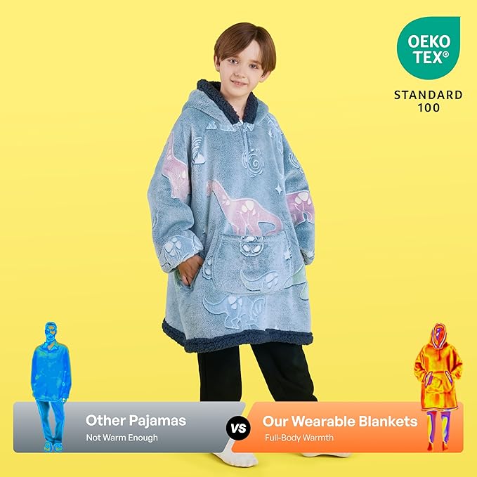 Giggling Getup Glow in The Dark Wearable Blanket Hoodie for Girls and Boys Warm Cozy Sherpa Fleece Hooded Blanket Sweatshirt Oversized Hoodie with Giant Pocket & Sleeves for Kids Blue Dinosaur Glow