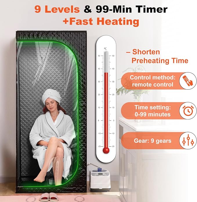 Portable Steam Sauna Tent with Clear View Door, Black, Full Size Square Sauna for Home, 3L Steamer, 9 Heat Levels