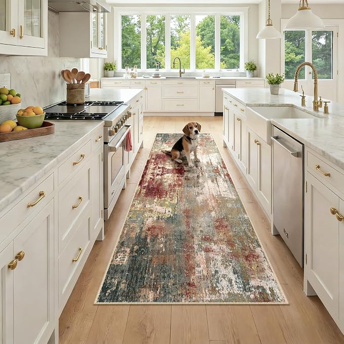 RELEANY Washable Runner 2'6"x8' Abstract Area Rug for Hallway Rustic Brown | carpet for kitchen, entryway, bathroom, living room, bedroom, printed pattern, non-slip, soft, stain-resistant, easy to clean