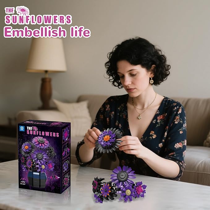 Sunflower Building Set Flowers Purple Art Compatible with Lego Botanical Collection for Adults Home Decor - 1009 Pcs