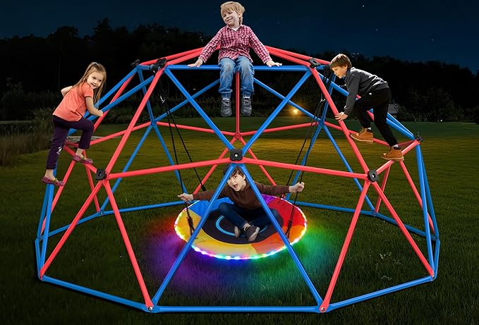 Hapfan Climbing Dome Swing Set with LED Saucer Swing, Jungle Gym for Kids Outdoor Backyard, Supports 800lbs, Easy Asssembly, Rust-Resistant Outdoor Playset for Ages 3-8 8-12