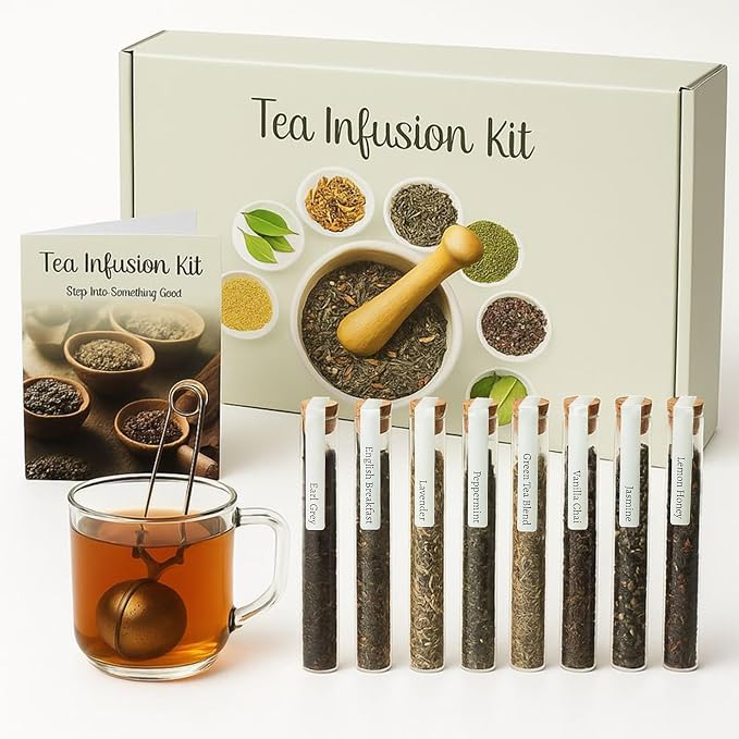 Tea Gift Set – 8 Unique Flavors with Stainless Steel Infuser | Loose Leaf Tea Sampler with Vanilla Chai, Jasmine, Green Tea & More | Tea Gift Sets for Women and Men - Gift For Dad - Pack of 9
