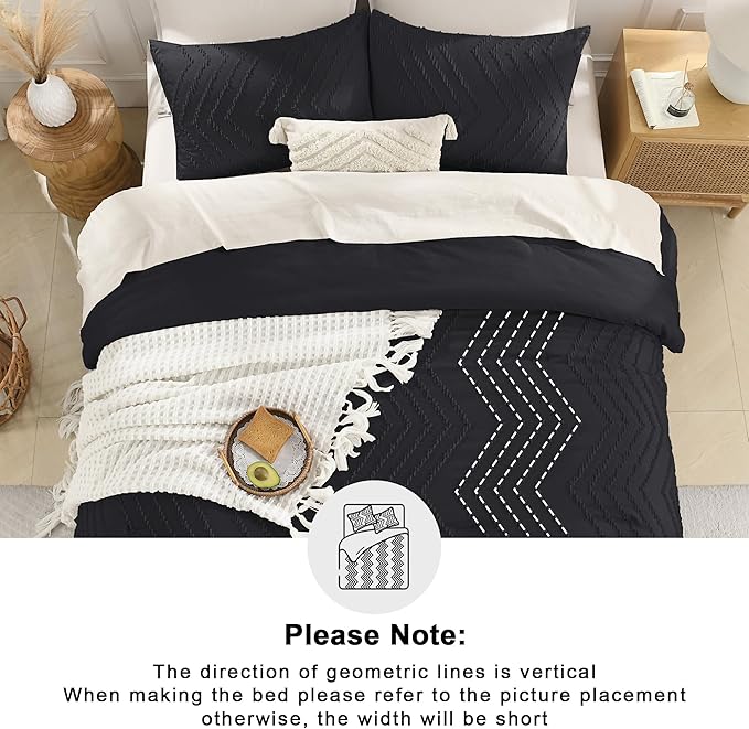 Andency Black California King Comforter Set, Boho Cal King Soft Warm Tufted Neutral Bedding Comforter Sets, 3 Pieces Cali King Aesthetic Chevron Farmhouse Cute Bohemian Textured Bedding Set