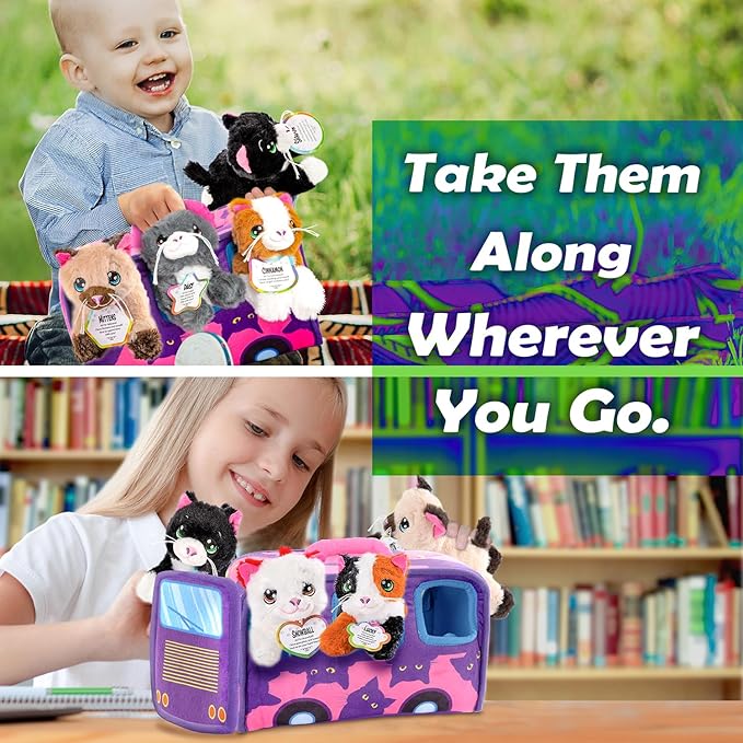 ArtCreativity 7-Piece Plush Cat Set, 6" Stuffed Animals Assortment with Carrier Bus, Cute Small Toys for Girls, Kitty Toys, Classroom, Birthday Gifts Soft Plush Kittens