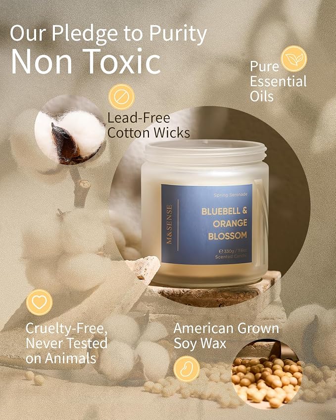 M&SENSE Bluebell Orange Blossom Scented Candle | 11.6oz Natural Soy Wax | 70-Hour Burn Time, Non-Toxic 2-Wick Candle for Home Refresh, Spring Decor & Self-Care Gifts
