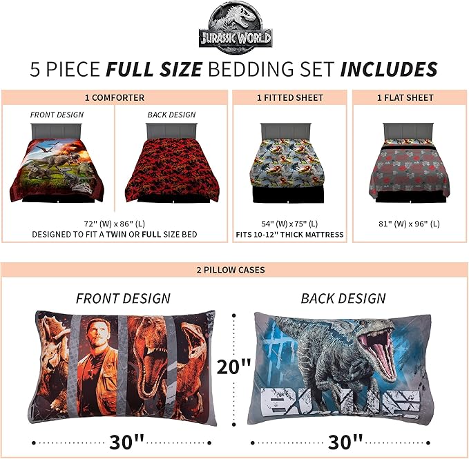 Franco Kids Bedding Super Soft Microfiber Comforter and Sheet Set, 5 Piece Full Size, Jurassic World