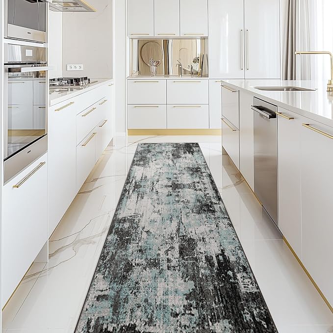 RELEANY Washable Runner 2'x10' Abstract Area Rug for Hallway Teal Black | carpet for kitchen, entryway, bathroom, living room, bedroom, printed pattern, non-slip, soft, stain-resistant, easy to clean