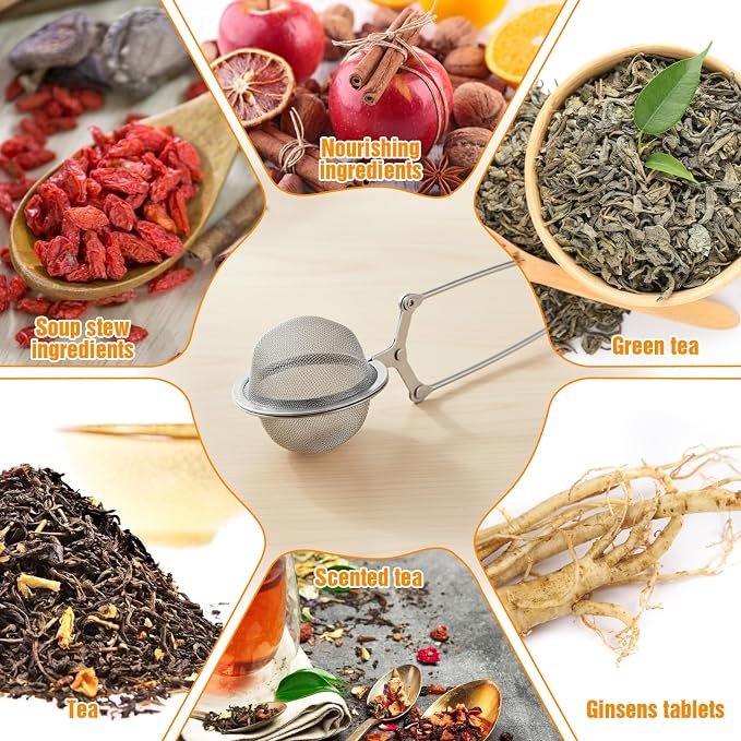 24 Pcs Reusable Tea Infuser Steeper Strainers for Loose Tea Filter Holder, Metal Stainless Steel Mesh Ball with Handle Tong Pincer Steeper for Tea Bag, Silver