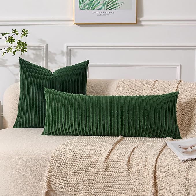 UGASA 14x36 Inch Christmas Pillow Cover Pack of 1 Soft Boho Stripe Corduroy Large Long Rectangle Lumbar Cushion Case Farmhouse Decorative Pilowcase for Bed Couch Sofa Bedroom, Christmas Green