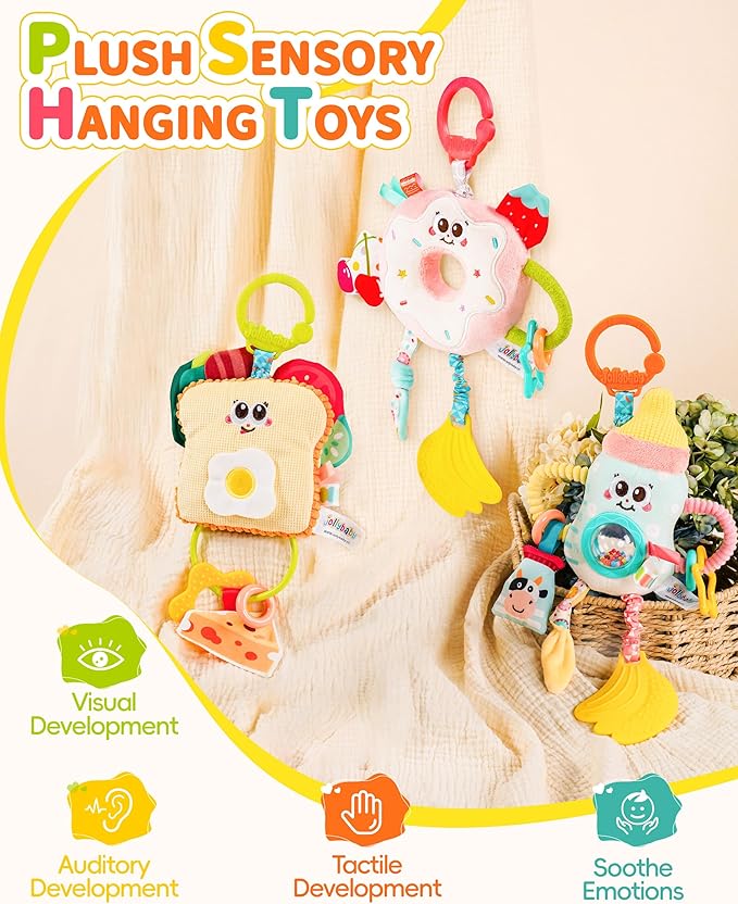 Jollybaby Baby Pull Vibration Toy - Tummy Time Sensory Hanging Toys for Car Seat, Stroller, Crib & Play Gym, with Babier Teether, Airplane Travel Toys for Toddlers Gift - Baby Bottle