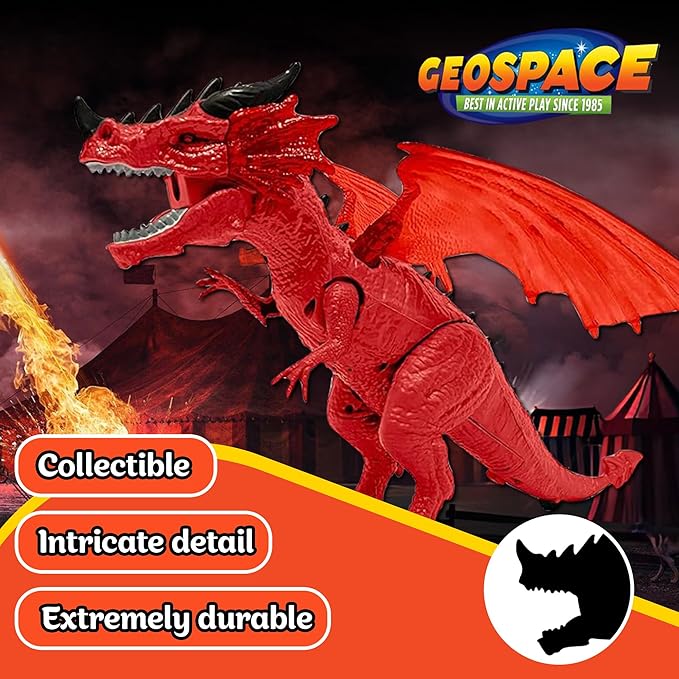 Geospace New Dragon Walking Dinosaur Toy – Smoke Breathing Fire Dragon Toy for Kids 3 & up, Walking Dinosaur Toys with Lights, Roaring Sound, Dragons Action Figure, Dragons for Gift (Firestorm)