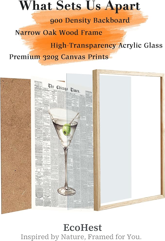 EcoHest Small 8x10 in Martini Newspaper Framed Wall Art for Bar Cart | Natural Oak Wood Frame, Canvas Wall Art, Martini Cocktail Bar Cart Decor for Living Room, Apartment, Dorm Room, Bedroom,1Pack