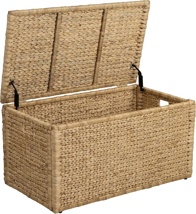 Water Hyacinth Blanket Storage Trunk, Natural, 36 x 20 x 18.5 | Metal Frame, 2 Safety Hinges, Wicker Decorative Storage Chest, Living Room Organization