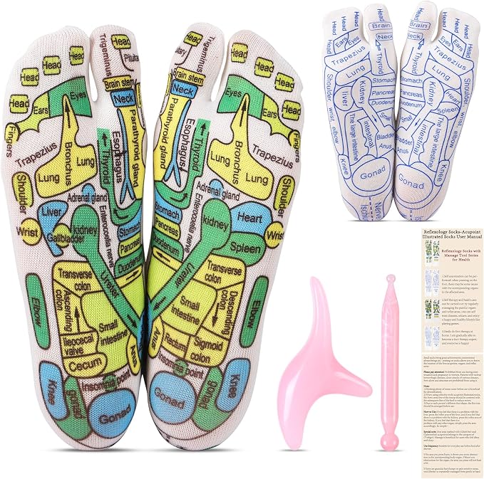 Reflexology Socks Set with Tools Pink, 2 Pairs Chiro Acupressure Acupuncture Trigger Point Foot Pain Relief Remedy Acupoint Massage Birthday Gifts for Women D